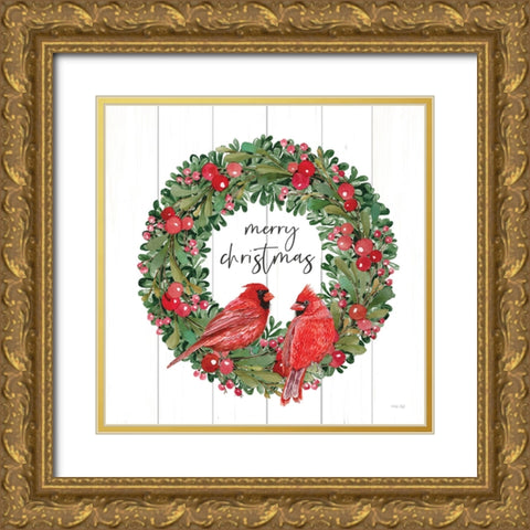 Merry Christmas Cardinal Wreath Gold Ornate Wood Framed Art Print with Double Matting by Jacobs, Cindy