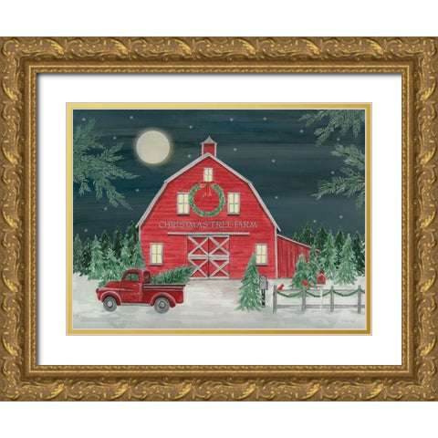 Full Moon Christmas Tree Farm Gold Ornate Wood Framed Art Print with Double Matting by Jacobs, Cindy