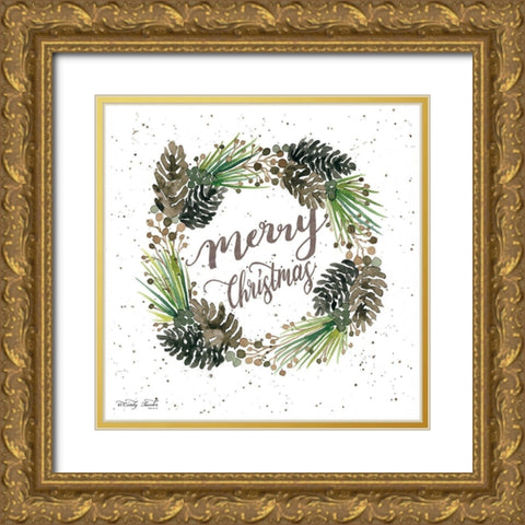 Merry Christmas Wreath Gold Ornate Wood Framed Art Print with Double Matting by Jacobs, Cindy