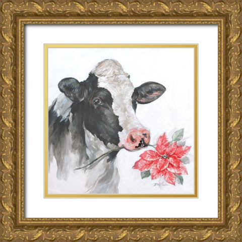 Christmas Cow Gold Ornate Wood Framed Art Print with Double Matting by Coules, Debi