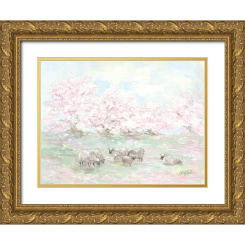 Sheep in Spring Gold Ornate Wood Framed Art Print with Double Matting by Coules, Debi