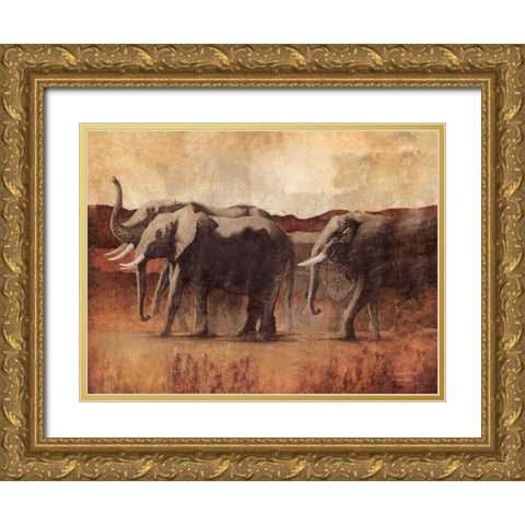 The Elephant March Gold Ornate Wood Framed Art Print with Double Matting by Dee Dee