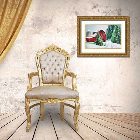 Winter Pines Red Barn Gold Ornate Wood Framed Art Print with Double Matting by Dogwood Portfolio