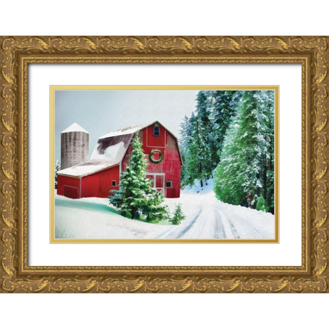 Winter Pines Red Barn Gold Ornate Wood Framed Art Print with Double Matting by Dogwood Portfolio