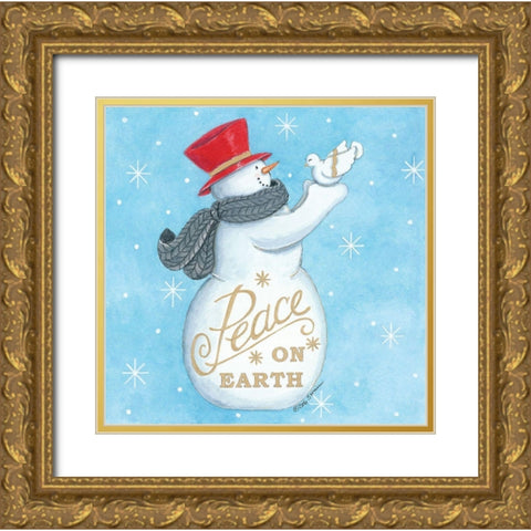 Peace on Earth Snowman Gold Ornate Wood Framed Art Print with Double Matting by Strain, Deb