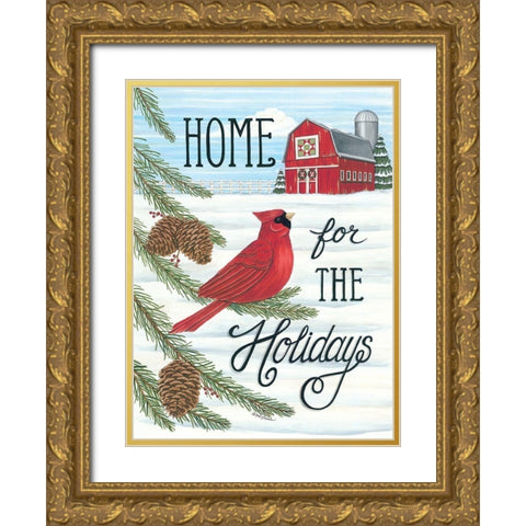 Home for the Holidays Cardinal Gold Ornate Wood Framed Art Print with Double Matting by Strain, Deb