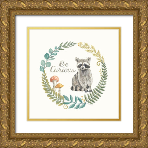 Be Curious Raccoon Gold Ornate Wood Framed Art Print with Double Matting by Strain, Deb