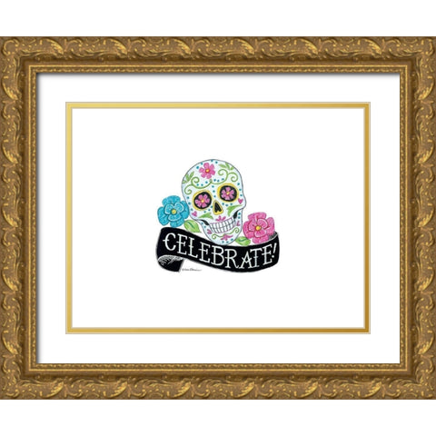 Celebrate Sugar Skull Gold Ornate Wood Framed Art Print with Double Matting by Strain, Deb