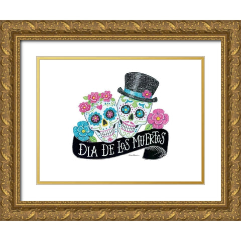 Day of the Dead Sugar Skulls Gold Ornate Wood Framed Art Print with Double Matting by Strain, Deb