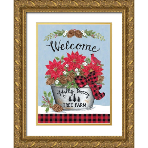 Poinsettia Bucket And Cardinal Gold Ornate Wood Framed Art Print with Double Matting by Strain, Deb