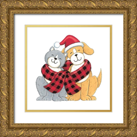 Dog and Cat Friends Gold Ornate Wood Framed Art Print with Double Matting by Strain, Deb
