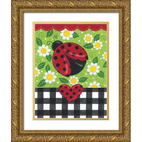 Ladybug And Plaid Gold Ornate Wood Framed Art Print with Double Matting by Deb Strain