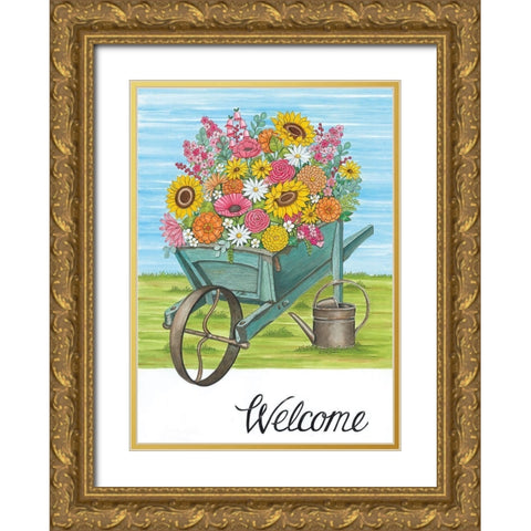 Welcome Wheelbarrow Gold Ornate Wood Framed Art Print with Double Matting by Deb Strain