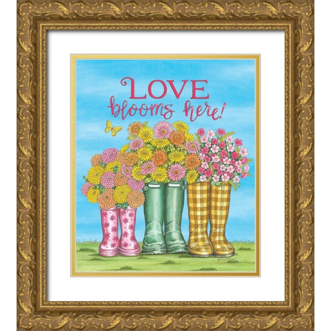 Love Blooms Here Wellies Gold Ornate Wood Framed Art Print with Double Matting by Strain, Deb
