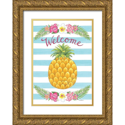 Welcome Tropical Pineapple Gold Ornate Wood Framed Art Print with Double Matting by Strain, Deb