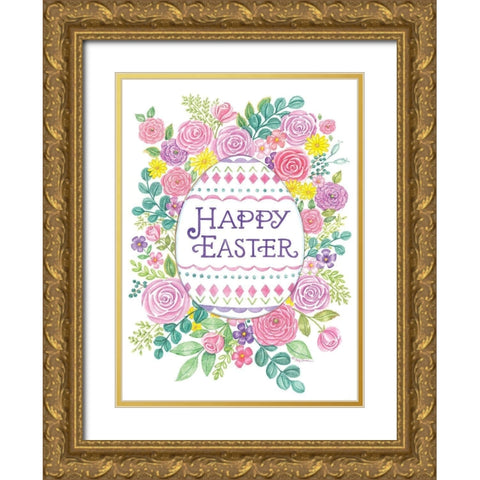 Happy Easter Floral Gold Ornate Wood Framed Art Print with Double Matting by Strain, Deb
