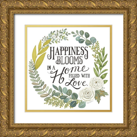 Happiness Blooms Gold Ornate Wood Framed Art Print with Double Matting by Strain, Deb