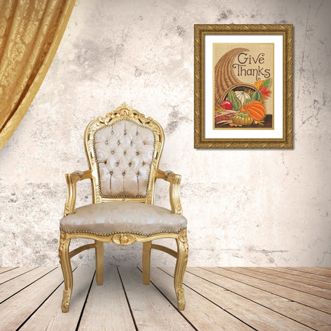 Give Thanks Cornucopia Gold Ornate Wood Framed Art Print with Double Matting by Strain, Deb