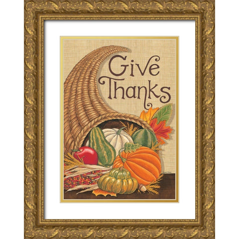 Give Thanks Cornucopia Gold Ornate Wood Framed Art Print with Double Matting by Strain, Deb