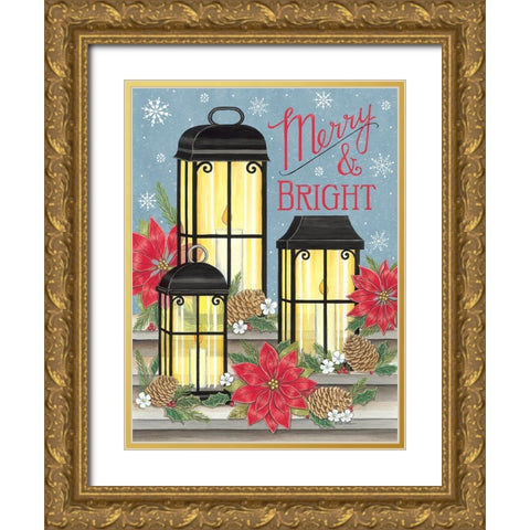 Three Holiday Lanterns Gold Ornate Wood Framed Art Print with Double Matting by Strain, Deb