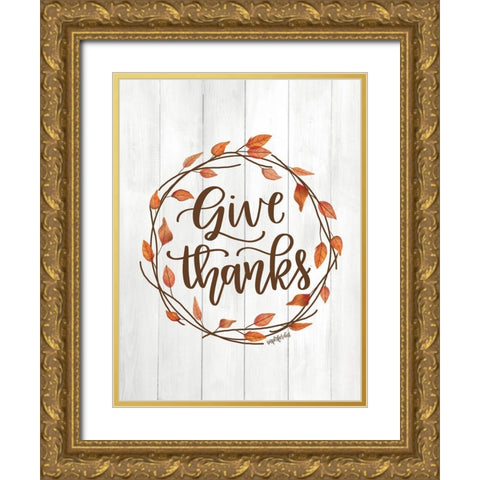 Give Thanks Wreath Gold Ornate Wood Framed Art Print with Double Matting by Imperfect Dust