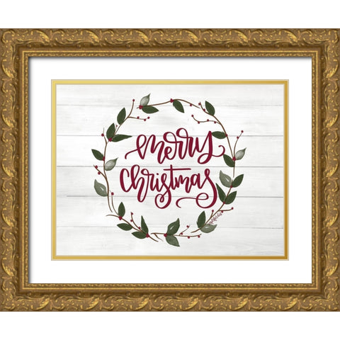 Christmas Wreath Gold Ornate Wood Framed Art Print with Double Matting by Imperfect Dust