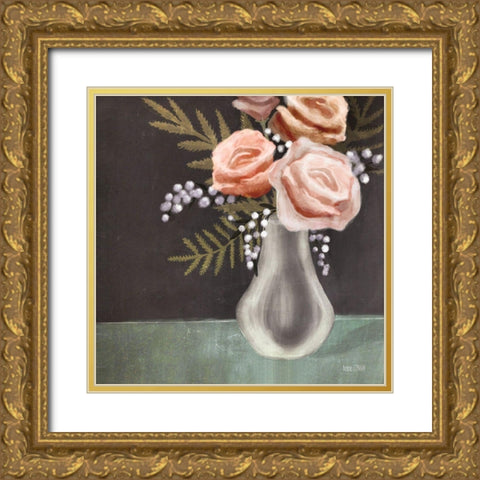 Pink Roses Gold Ornate Wood Framed Art Print with Double Matting by House Fenway