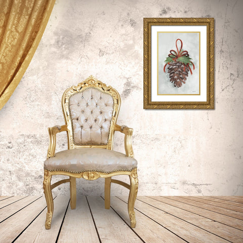 Holly Pinecone Gold Ornate Wood Framed Art Print with Double Matting by House Fenway