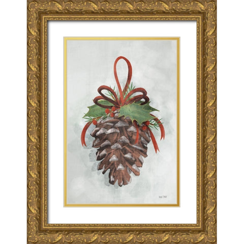 Holly Pinecone Gold Ornate Wood Framed Art Print with Double Matting by House Fenway
