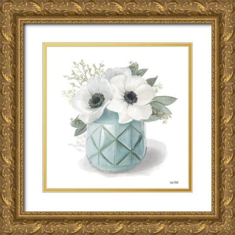 Winter Anemones - Blue Gold Ornate Wood Framed Art Print with Double Matting by House Fenway