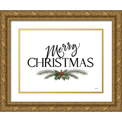 Merry Christmas Gold Ornate Wood Framed Art Print with Double Matting by House Fenway