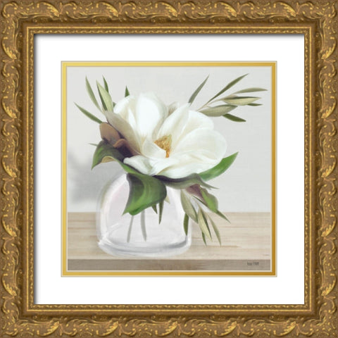 Vintage Magnolia Bloom Gold Ornate Wood Framed Art Print with Double Matting by House Fenway