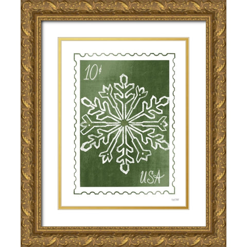 Christmas Stamp Green Snowflake   Gold Ornate Wood Framed Art Print with Double Matting by House Fenway