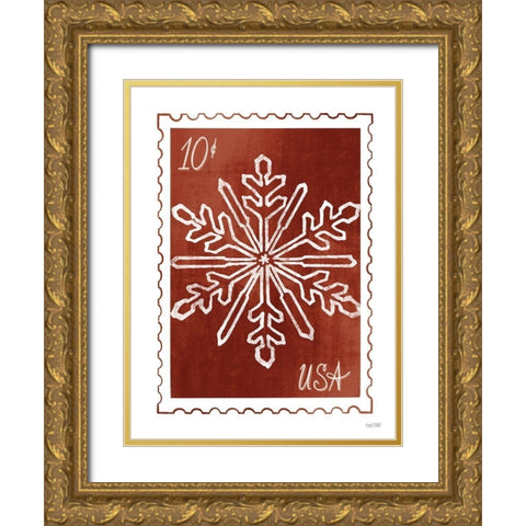 Christmas Stamp Red Snowflake   Gold Ornate Wood Framed Art Print with Double Matting by House Fenway