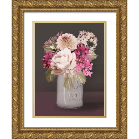 Plum Mason Jar Floral Gold Ornate Wood Framed Art Print with Double Matting by House Fenway
