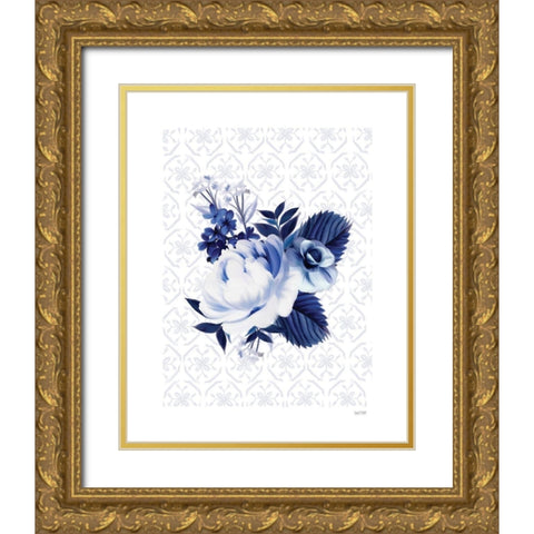 Peony Blossom in Blue Gold Ornate Wood Framed Art Print with Double Matting by House Fenway