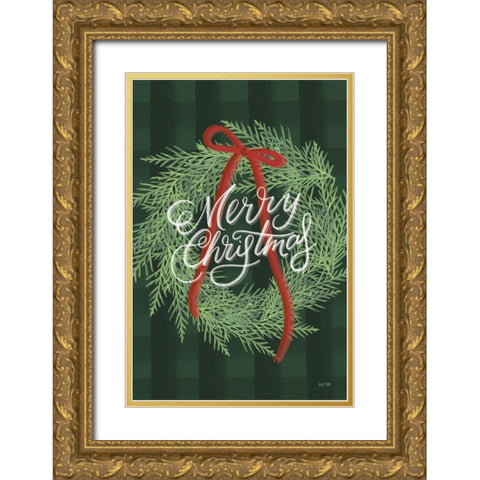 Merry Christmas Wreath Gold Ornate Wood Framed Art Print with Double Matting by House Fenway