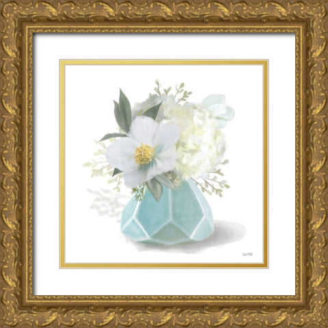 Posies in Blue Gold Ornate Wood Framed Art Print with Double Matting by House Fenway
