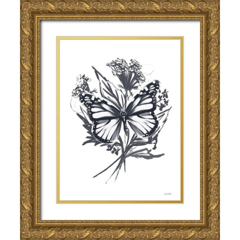 Black And White Butterfly Gold Ornate Wood Framed Art Print with Double Matting by House Fenway