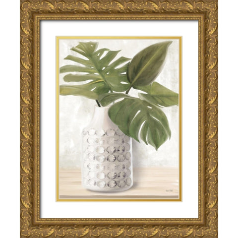 Ivory Monstera Stem Gold Ornate Wood Framed Art Print with Double Matting by House Fenway