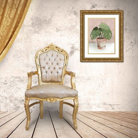 House Monstera Plant Gold Ornate Wood Framed Art Print with Double Matting by House Fenway