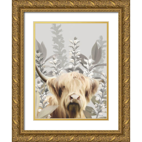 Hairy Highland in the Field Gold Ornate Wood Framed Art Print with Double Matting by House Fenway