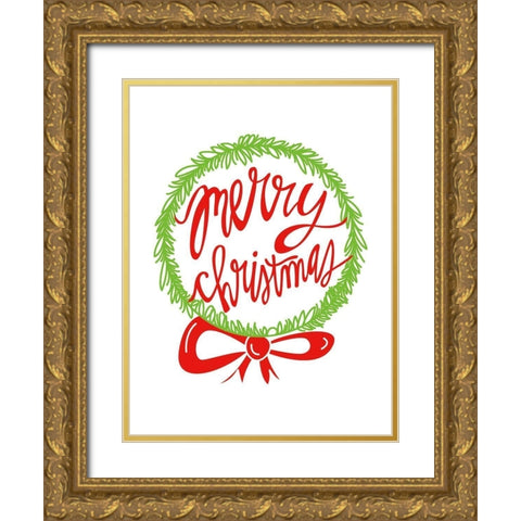Merry Christmas Wreath    Gold Ornate Wood Framed Art Print with Double Matting by Barrett, Erin