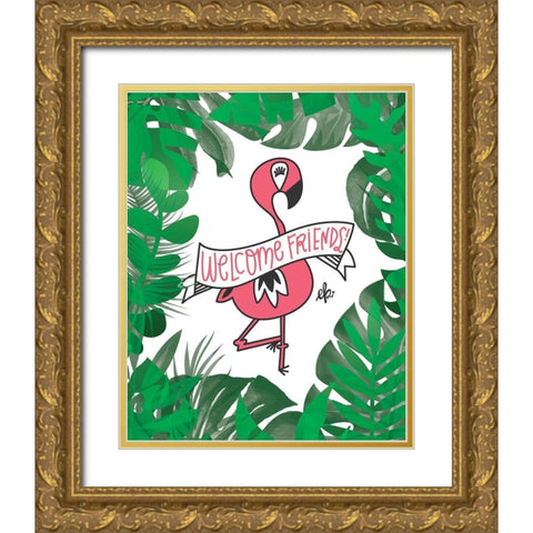Flamingo Welcome Friends Gold Ornate Wood Framed Art Print with Double Matting by Barrett, Erin