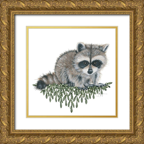 Baby Raccoon Gold Ornate Wood Framed Art Print with Double Matting by Holllihocks Art
