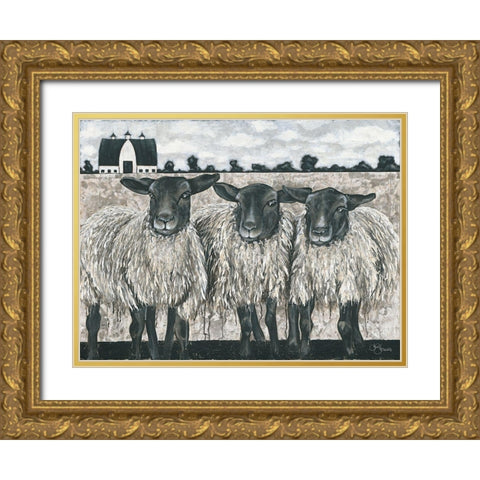 Three Sheep Gold Ornate Wood Framed Art Print with Double Matting by Hollihocks Art