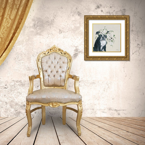 Dog and Flower Gold Ornate Wood Framed Art Print with Double Matting by Holllihocks Art