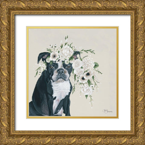 Dog and Flower Gold Ornate Wood Framed Art Print with Double Matting by Holllihocks Art
