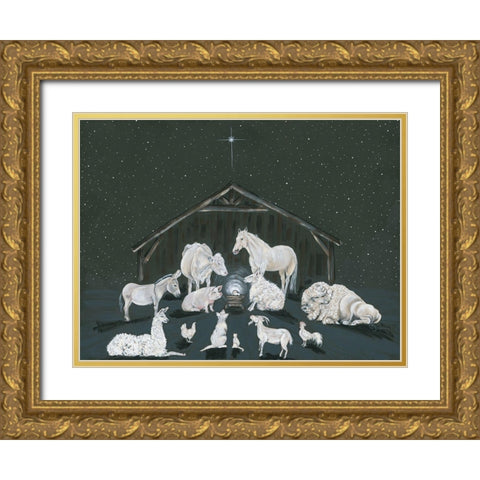Animal Nativity Scene Gold Ornate Wood Framed Art Print with Double Matting by Hollihocks Art