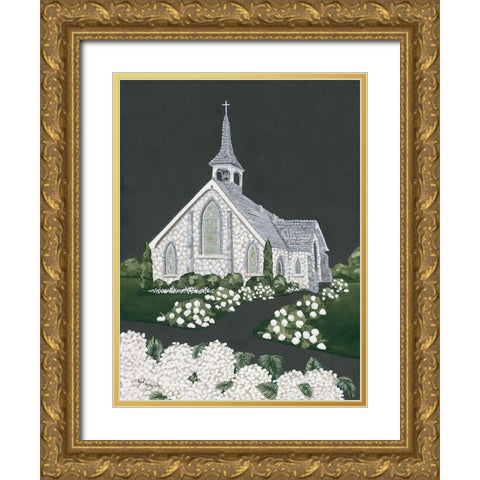 White Church Gold Ornate Wood Framed Art Print with Double Matting by Hollihocks Art